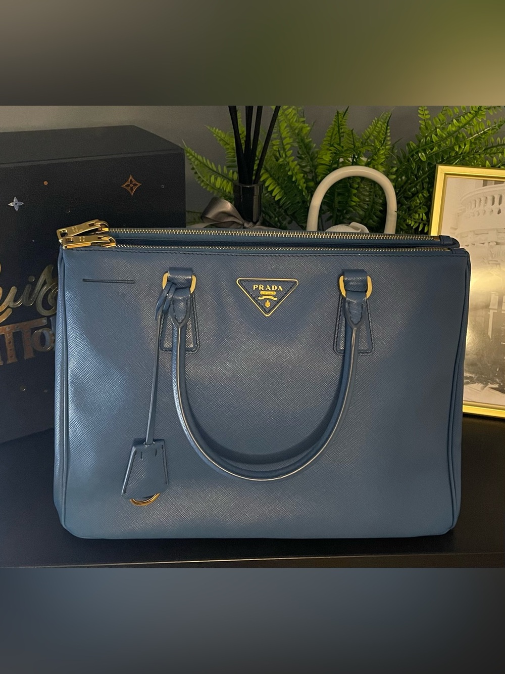 Prada Slate Blue Saffiano Leather Satchel with Gold Hardware